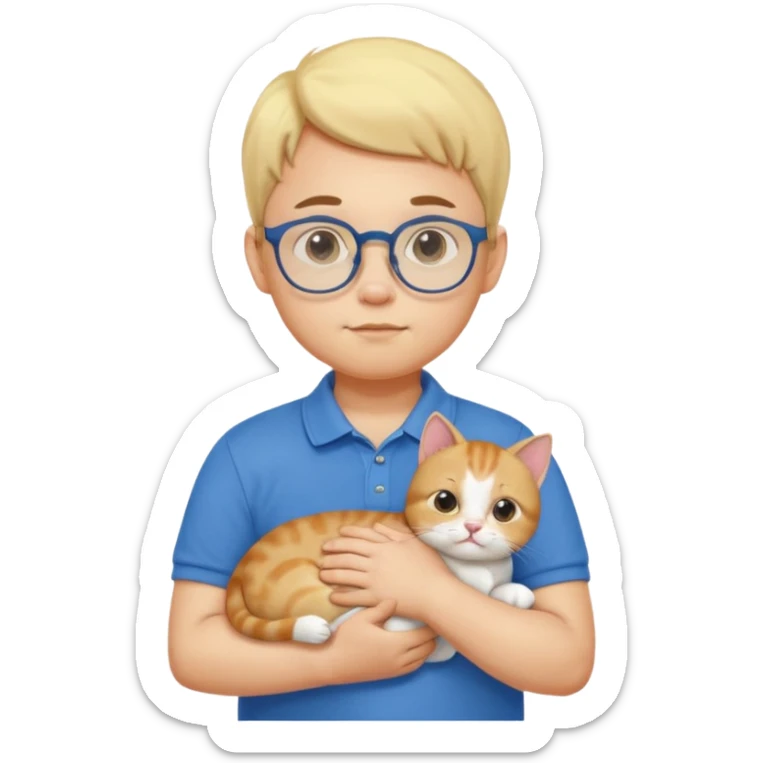 emoji ios, soft boy carrying a cat, light yellow skin, blue polo shirt, bespectacled, cute and a little plump, with slightly chubby cheeks. sticker