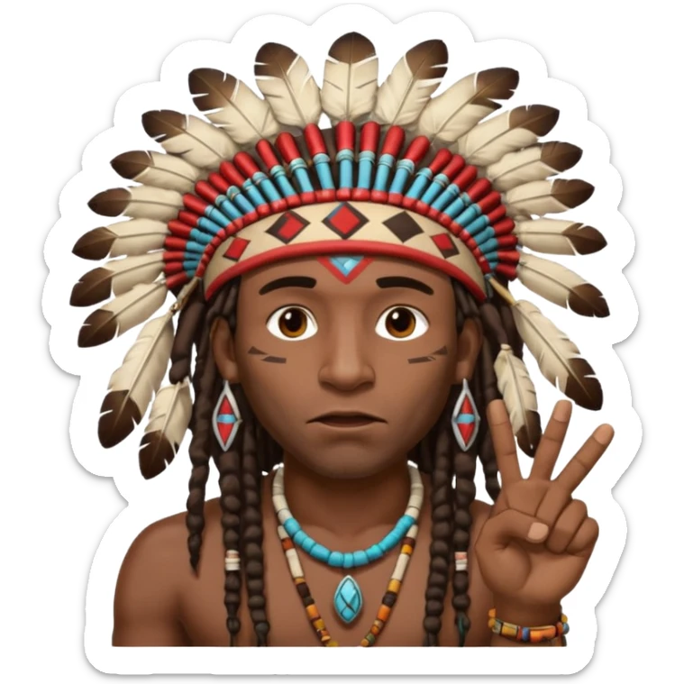 Black American man dark brown with dreads with a American Indian headdress with one finger pointing at his mouth with a yea he lying face sticker