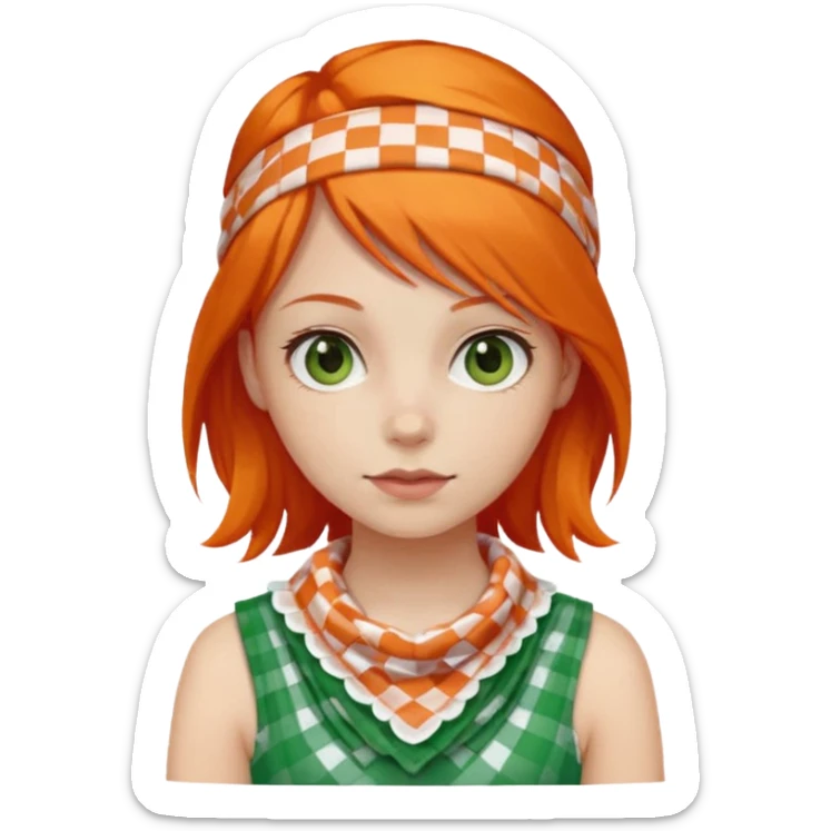 girl orange hair, wear red and white checkered bandana, green dress sticker