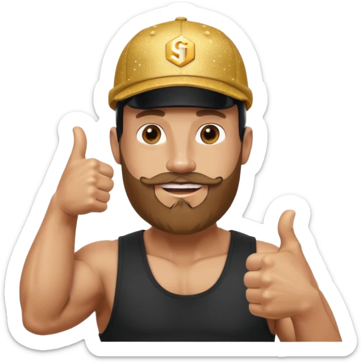 Bald bearded muscular man in cap giving thumbs up, Instagram logo, golden 500, sparkles, minimal emoji style sticker