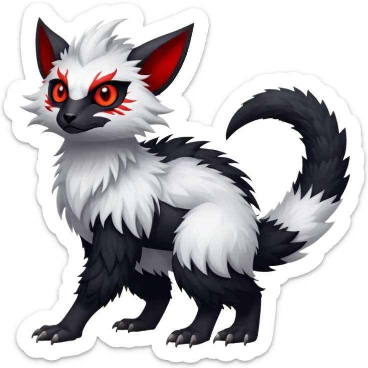 a white exotic edgy vernid-fionbr-Fakémon-creature, with black belly and red eyes, full body sticker