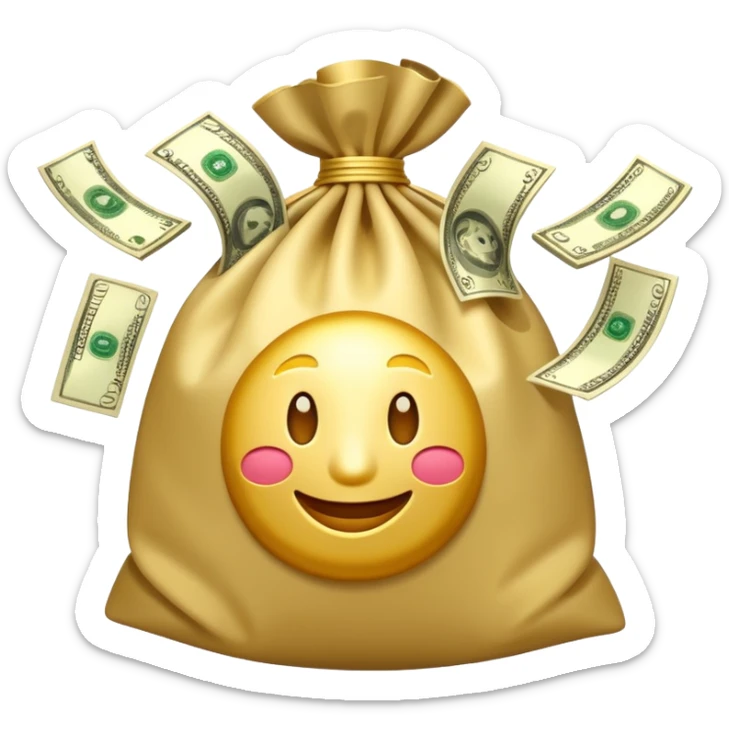 

3D emoji style, big bag of money, flying dollar bills, rich casino vibe, smooth lighting, high detail, clean edges, transparent background



 sticker