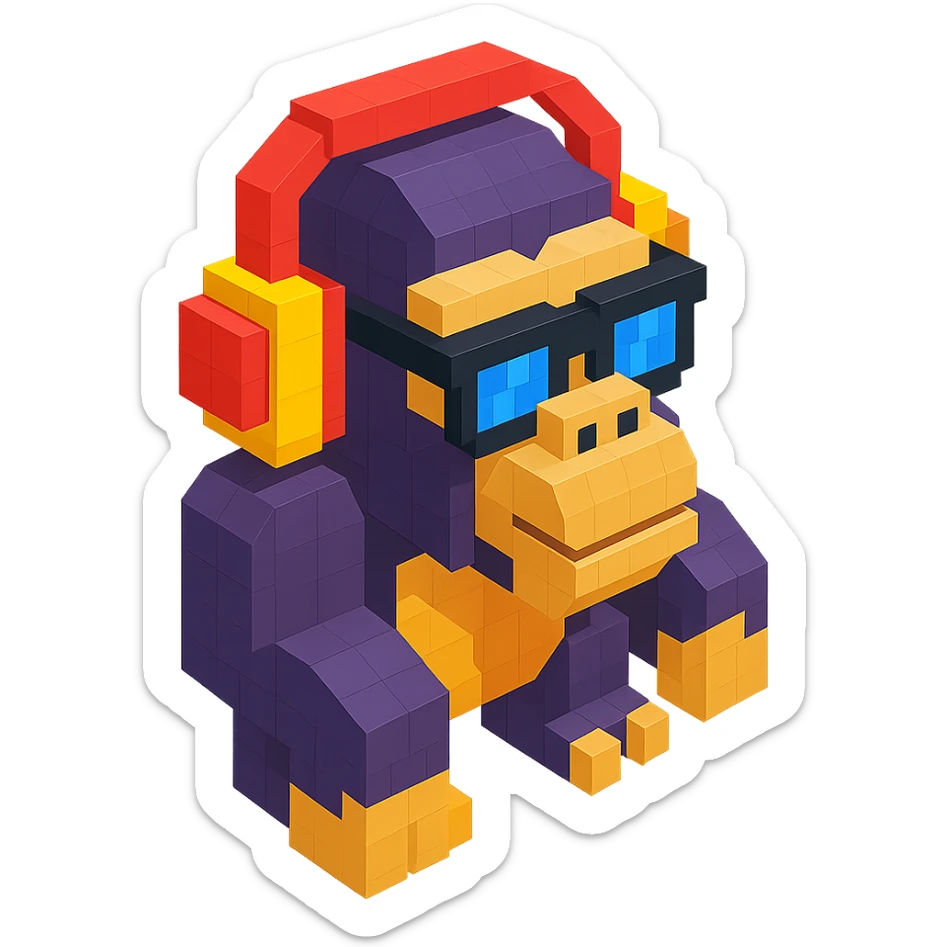 voxel style gorilla with sunglasses and headphones, isometric view sticker