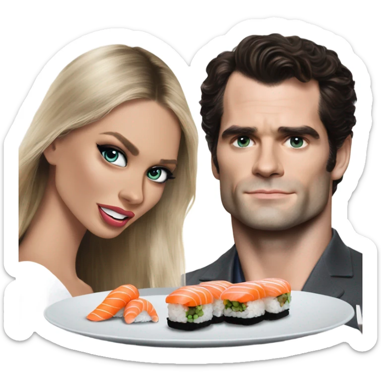 realistic photo of Henry Cavill eating sushi with a beautiful  victoria secret model  sticker