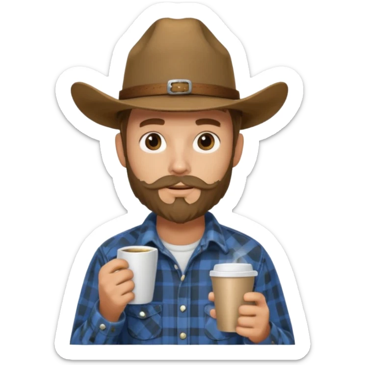 generate an ios genmoji of a 20 year old tan boy with a cowboy hat and mutton chop beard. Wearing a flannel and carrying a coffee mug sticker