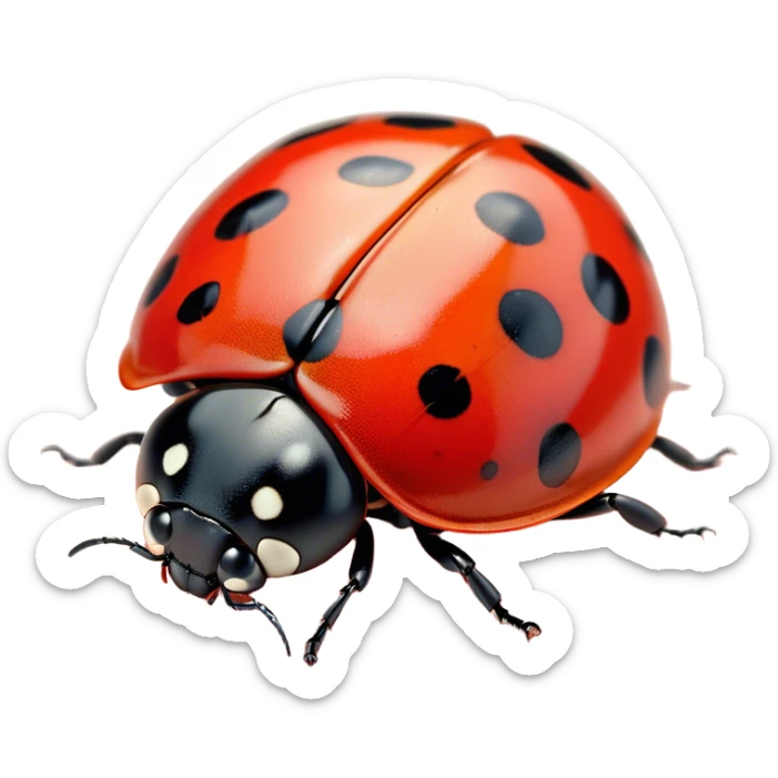 Beautiful and Majestic Ladybug Portrait Emoji, Head and body rendered in serene repose with a gentle, content smile, showcasing a tiny, perfectly rounded red shell with softly defined black spots and eyes gently closed in tranquil repose, Simplified yet exquisitely endearing features, highly detailed, glowing with a soft, drowsy red light, high shine, relaxed and utterly noble, stylized with an air of timeless garden beauty, soft glowing outline, capturing the essence of a beautiful and majestic ladybug that embodies the delicate charm of nature! sticker