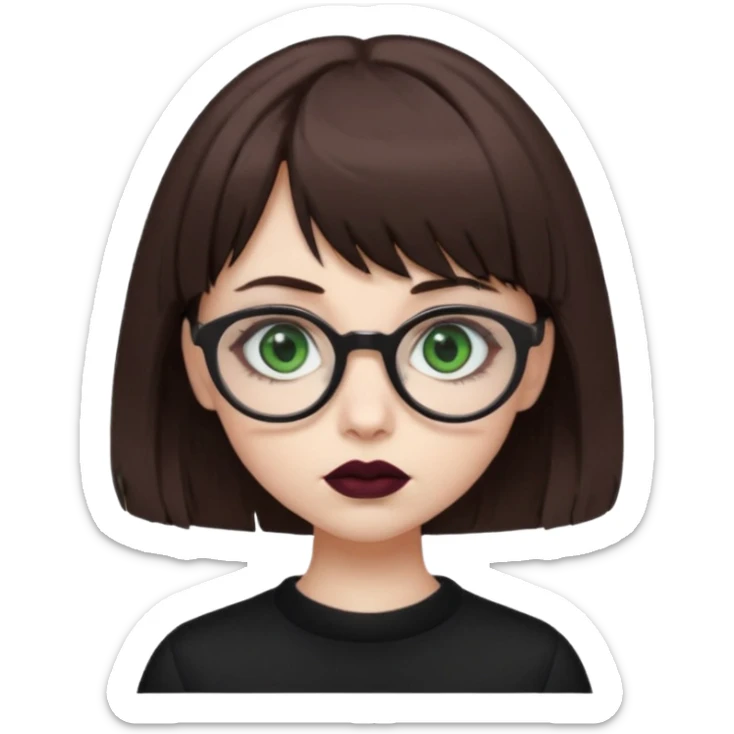 girl that has brown shaggy cut hair with baby bangs, has green eyes and wears glasses, she is goth  sticker