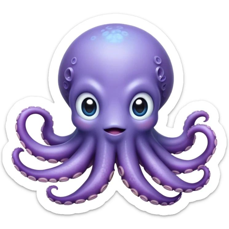 Cinematic Cute Shy Baby Octopus Portrait Emoji, Tentacles tucked slightly inward in an adorably bashful pose, featuring a softly glowing, round light blue-purple body with enormous, soulful eyes peering out timidly, Simplified yet irresistibly adorable features, highly detailed, glowing with a delicate, soothing marine radiance, high shine, quiet yet expressive, stylized with an air of gentle mystery, soft glowing outline, capturing the essence of a tiny, shy deep-sea creature that seems as if it could slowly peek out and explore the world with cautious curiosity! sticker