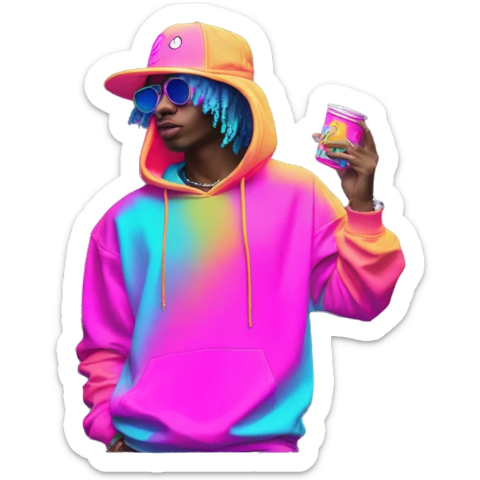 Multicoloured neon Vaporwave person smoking wearing hoodie dancing hip hop bucket hat tropical Skater fashion aesthetic baggy clothes graphic t shirt 420 sticker