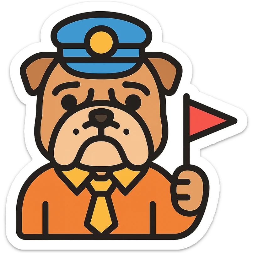 English bulldog as a tour guide, wearing a guide hat and holding a small flag, clean modern icon style sticker