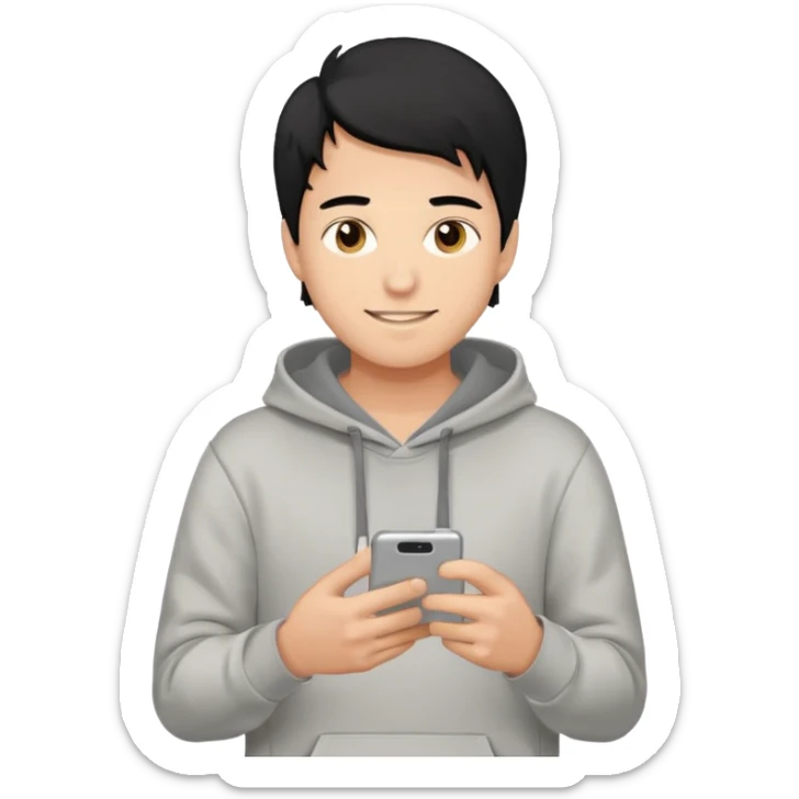 young man with black hair, wearing a light gray hoodie, holding a smartphone, neutral expression, iPhone iOS style emoji sticker