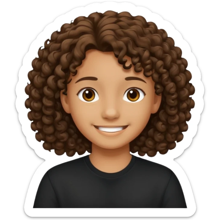 Un adolecente con camisa negra, pelo rizado medio largo y de color canela sonriendo sticker