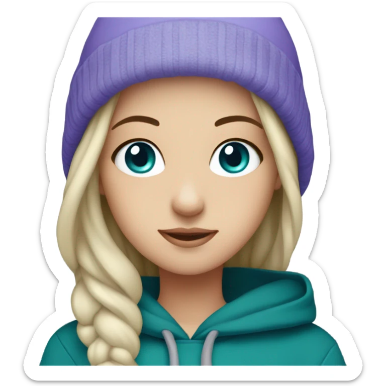 White girl, blue eyes, long teal hair, purple beanie hat, black hoodie sticker