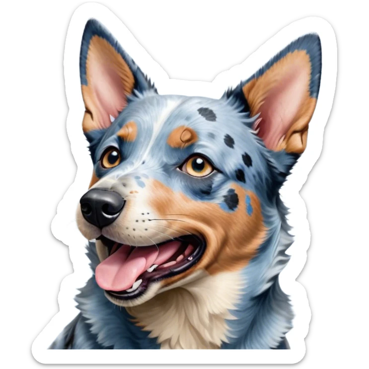 Cinematic Cute Yawning Blue Speckle Australian Cattle Dog Portrait Emoji, Head tilted slightly with a dramatic, wide-open yawn, showcasing a sleek blue speckle Fur with distinct markings, floppy ears slightly drooping, round blue eyes barely open in drowsy contentment, Simplified yet irresistibly adorable features, highly detailed, glowing with a soft, cozy glow, high shine, relaxed yet expressive, stylized with a touch of whimsy, bright and endearing, soft glowing outline, capturing the essence of a sleepy yet affectionate herder, so drowsy it feels like it could stretch out of the screen and curl up for a nap! sticker