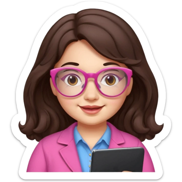 chubby English teacher cute girl face cheerful wavy long dark brown hair pink glasses classroom background for online classes sticker