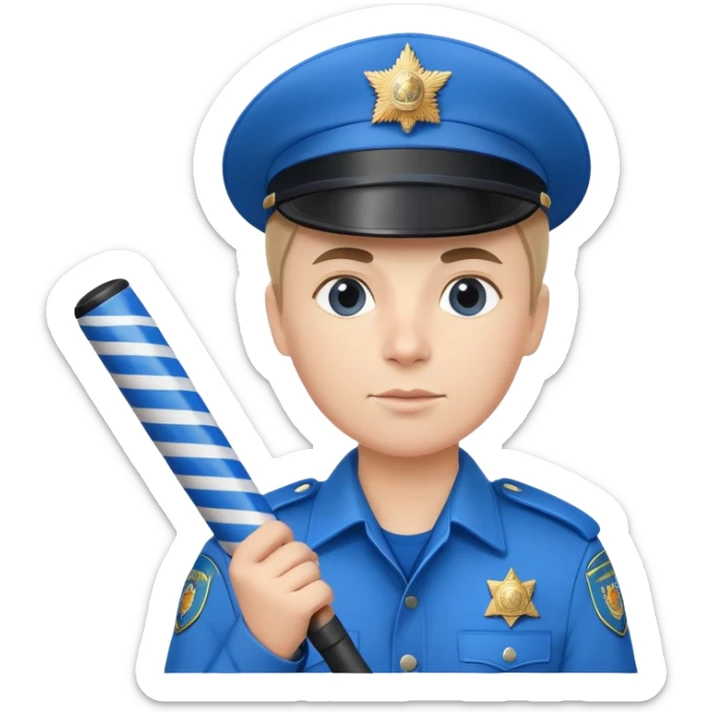 Russian traffic police officer in blue uniform with striped baton and peaked cap, holding traffic baton sticker