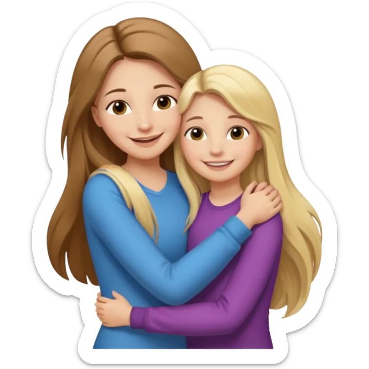 A beautiful mother with long brown hair hugging her cute 12yr old blonde hair daughter super happy sticker