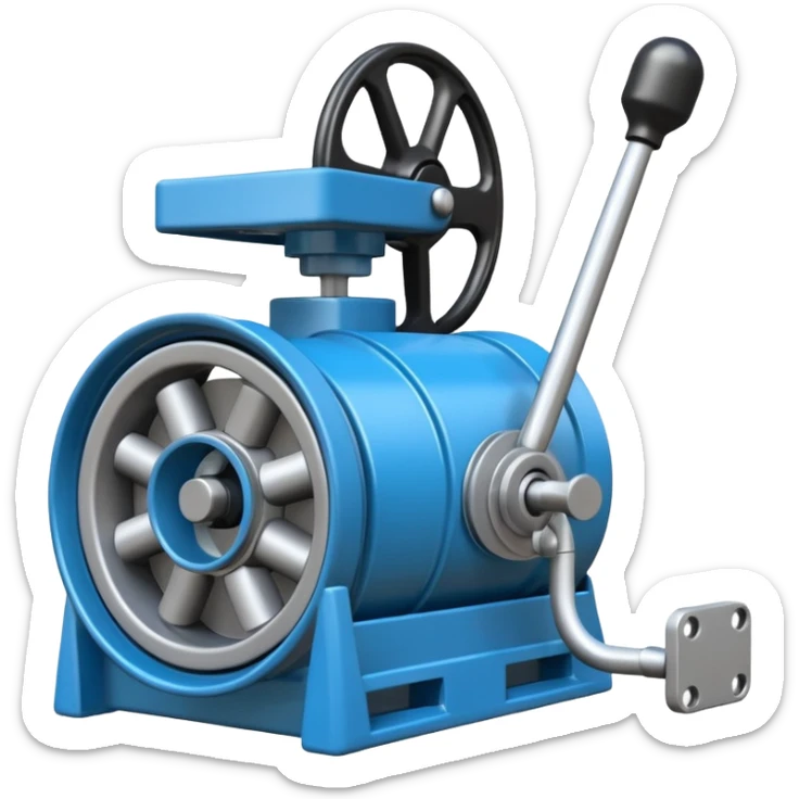 Crea un emoji de una maquina que sea un molino picador de plastico. Debe tener un agujero en la parte de arriba y abajo un hueco por donde saldra el plastico molido sticker