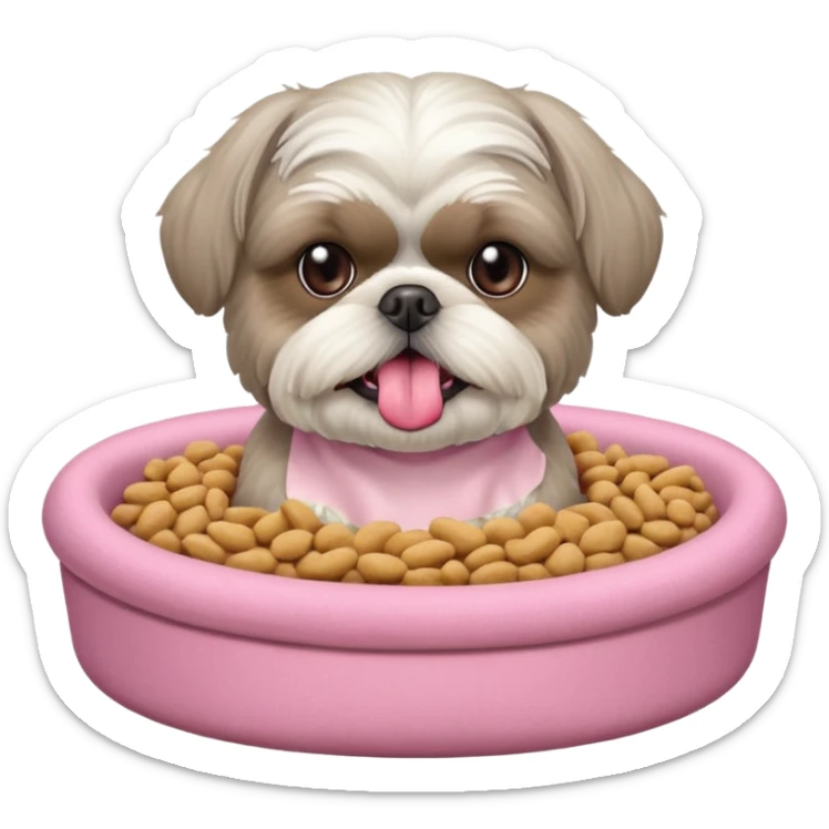 old ALL grey shih tzu in pink dog bed tongue hanging out with a bowl of food sticker