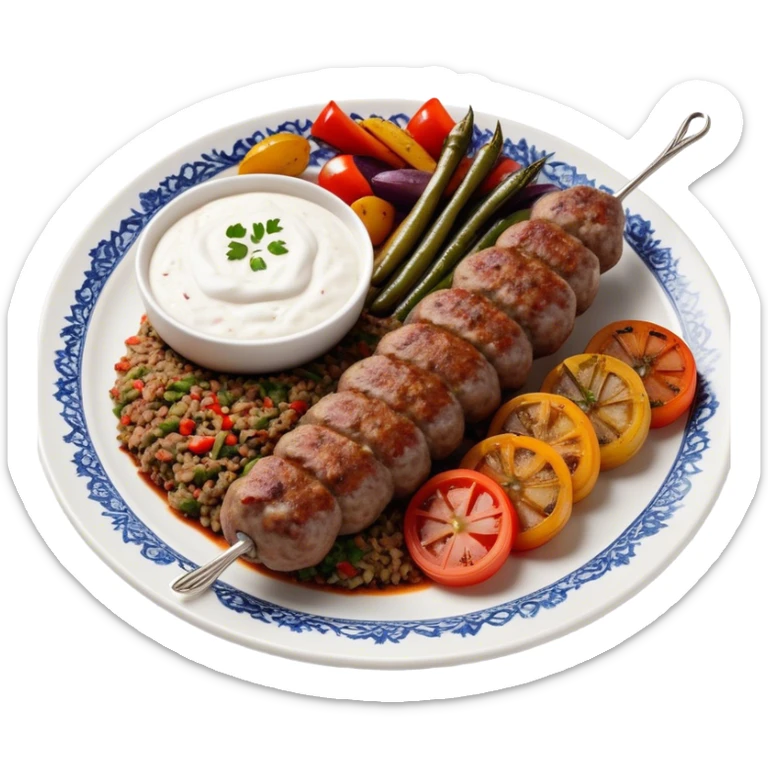 Cinematic Realistic image of a long, hand shaped Turkish Köfte, rendered with richly spiced meat textures and subtle grill marks, artfully arranged on a traditional Turkish ceramic plate alongside classic sides such as a serving of aromatic pilaf, crisp grilled vegetables, and a dollop of creamy yogurt, all bathed in warm, appetizing lighting that emphasizes its savory allure. sticker