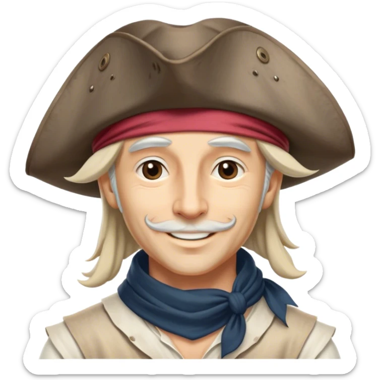 Clash of Clans aesthetic: Beautiful and Majestic Pirate Portrait Emoji, Rendered in serene confidence with a gentle, enigmatic smile and a regal tricorn hat, showcasing a distinguished, weathered build with a timeless bandana and soft, wise eyes in natural skin tone, Simplified yet exquisitely endearing features, highly detailed, glowing with a soft, drowsy maritime light, high shine, calm and heroic, stylized with an air of legendary seafaring elegance, soft glowing outline, capturing the essence of a majestic pirate whose noble spirit inspires epic adventures! sticker