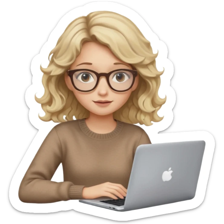 blonde girl with dark blonde wavy hair, pantos-style glasses, a brown sweater, sitting with a laptop, soft pastel colors, upper body shot sticker