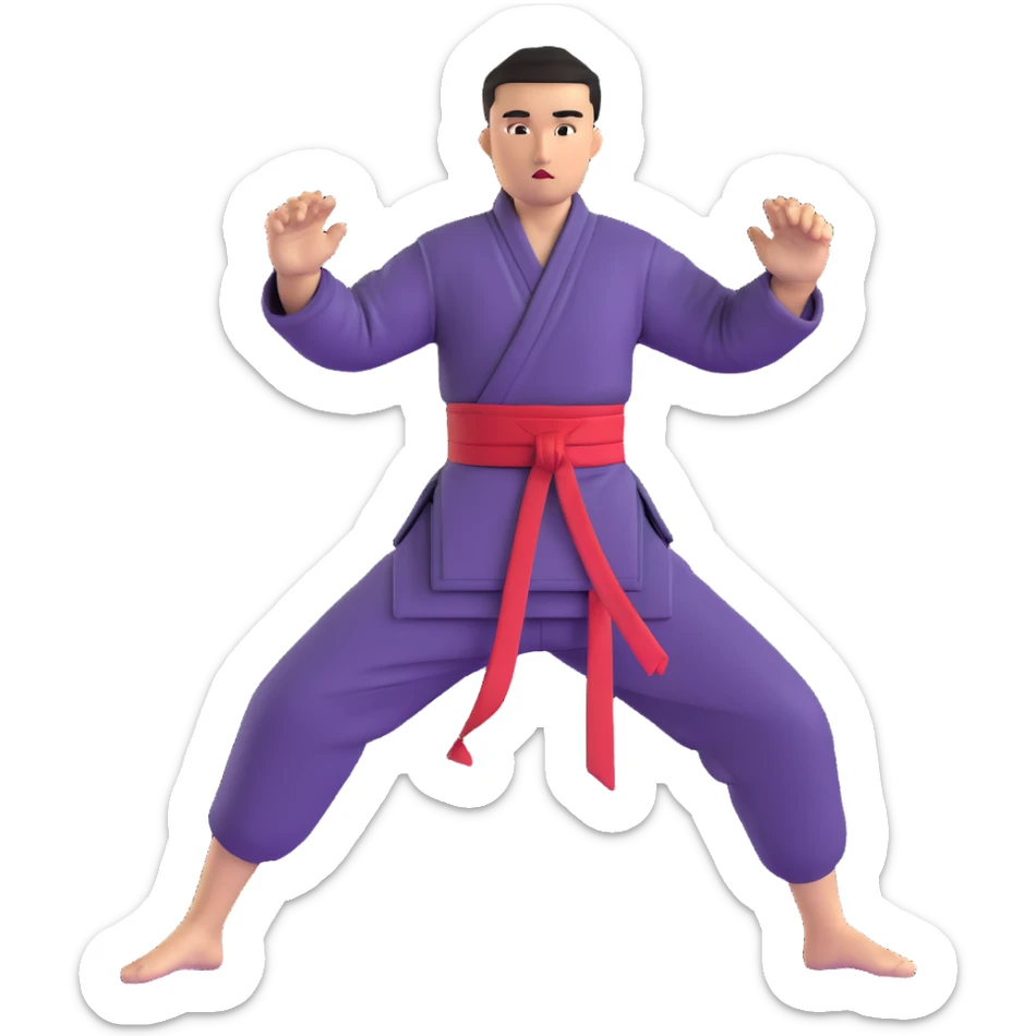 Martial artist in dynamic kung fu pose, wearing traditional loose outfit with sash sticker