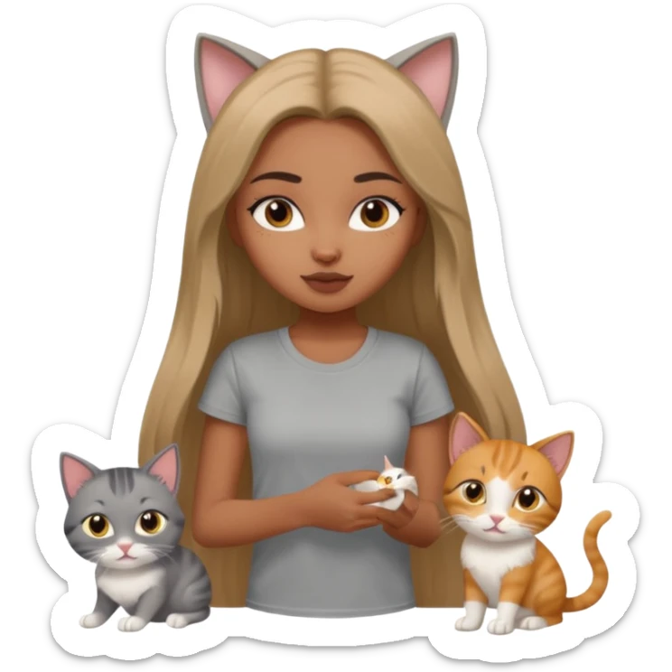 a pretty bratz dusky girl with long straight hair playing with 2 cats nd wearing a grey tshirt sticker