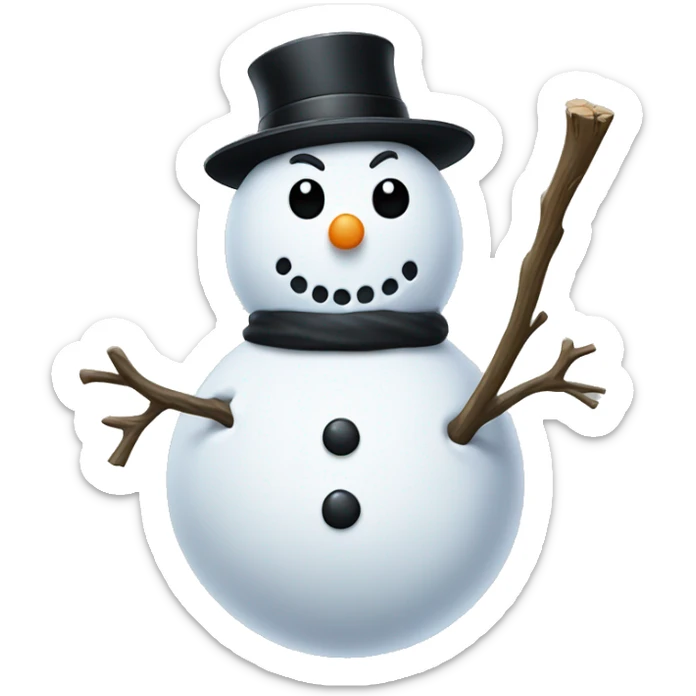 Snowman with a black hat rocks for eyes and a stick sticking out of the second snowball sticker