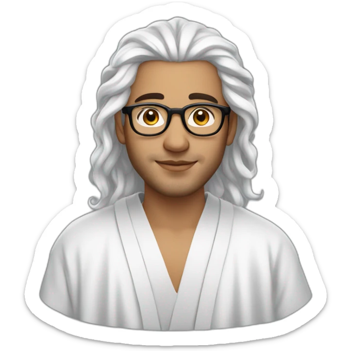 A beautiful Moroccan young man with thick, wet hair and white skin, wearing glasses and a robe sticker
