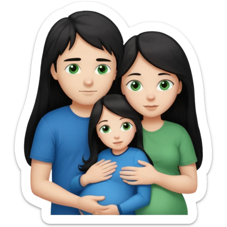 Make a couple emoji they are 18. The girl has long black hair and blue eyes and is hugging a pregnant boy with brown hair and green eyes they are both wearing the same colour top.  sticker