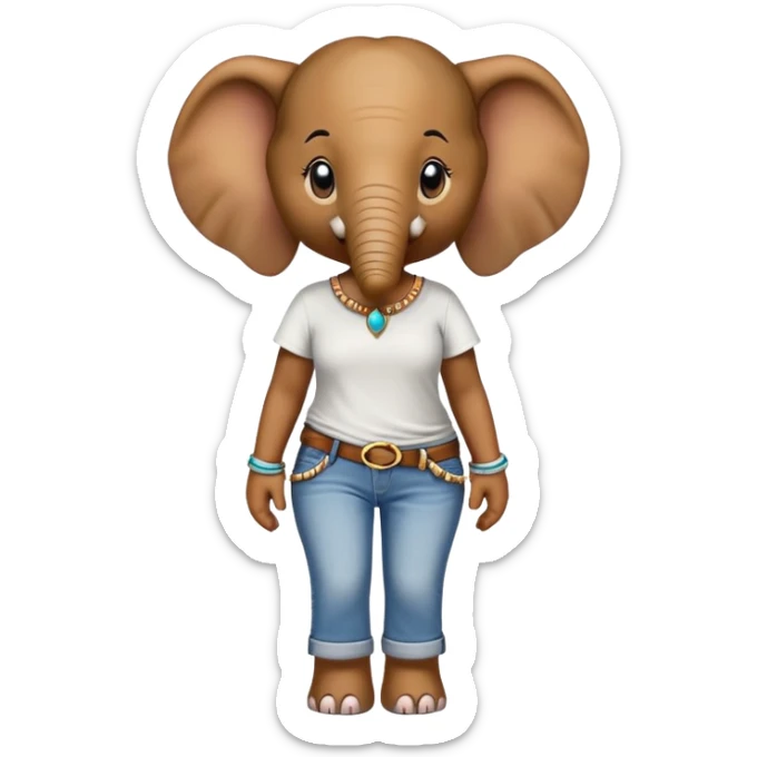 female anthropomorphised elephant in jeans and t-shirt, walking upright, wearing bangles and earrings sticker