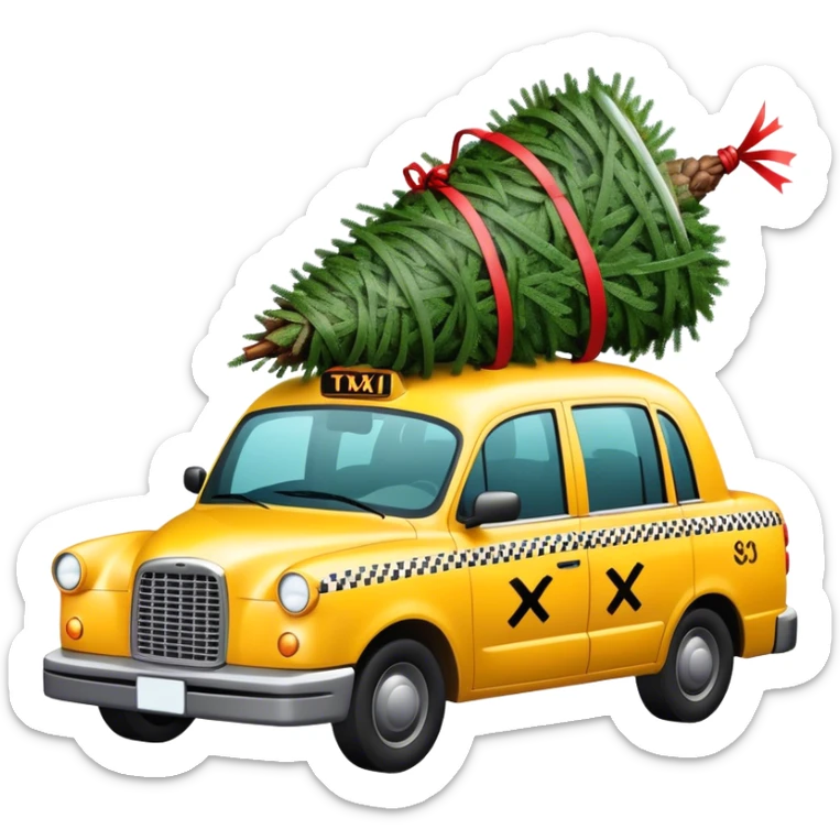 A new york taxi with a tied up Christmas tree on its roof sticker