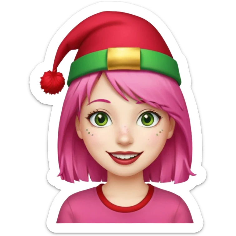 Create a girl with pink hair and green eyes with long eyelashes and a smiley face. She has freckles in her face and a lit of bit of lipstick on her mouth, she’s also got gold birthday hat on her head with gold pom poms on top of it, and her T-shirt is red sticker