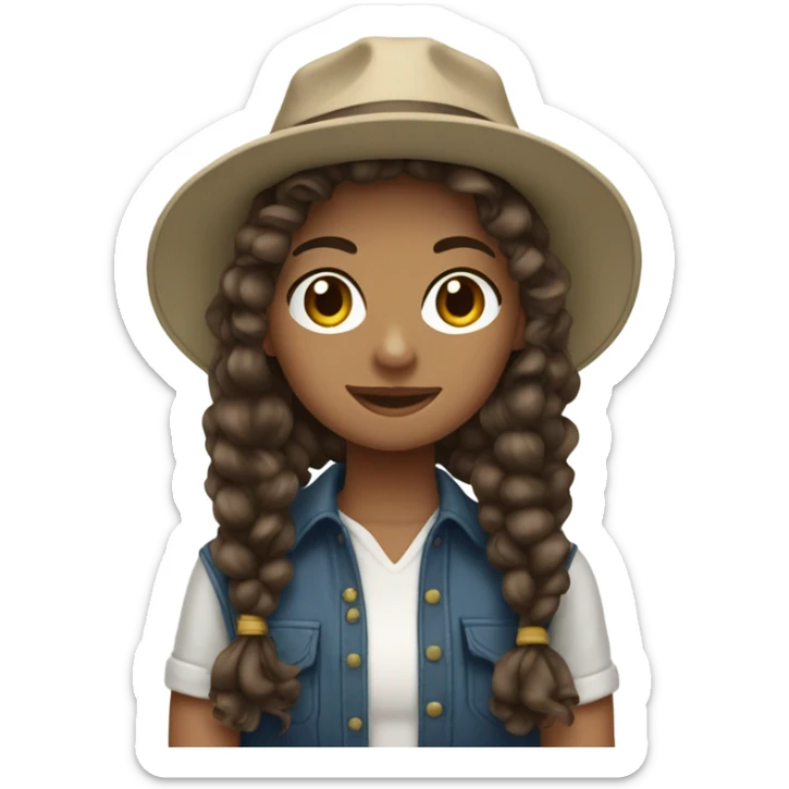 Dark brown ponytail curly hair white girl with hat fishing sticker