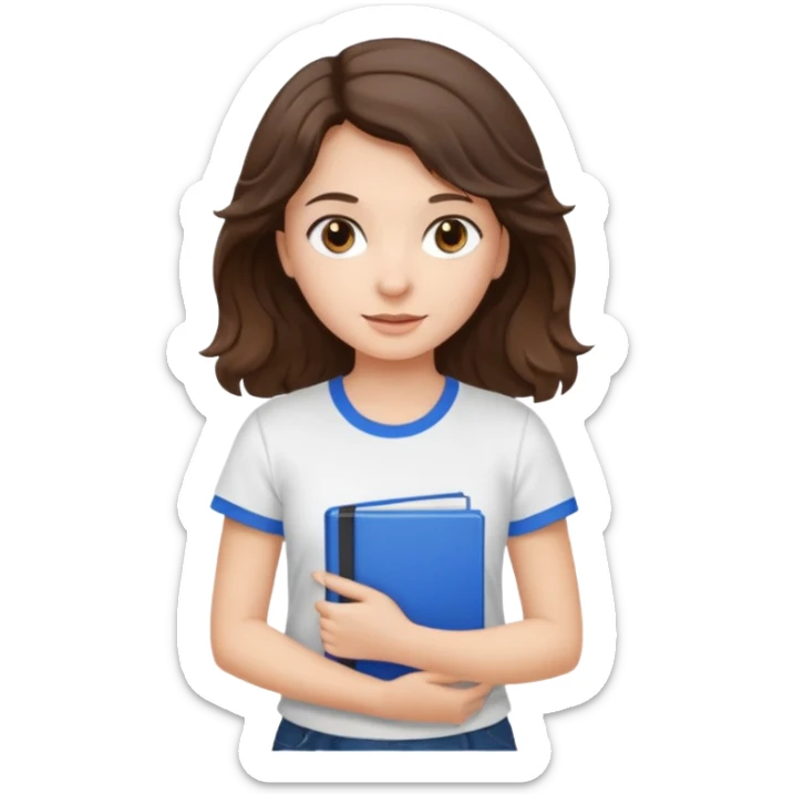 A brunette girl with wavy hair and brown eyes is standing on a beige background holding a blue book. The girl is wearing a white T-shirt. sticker