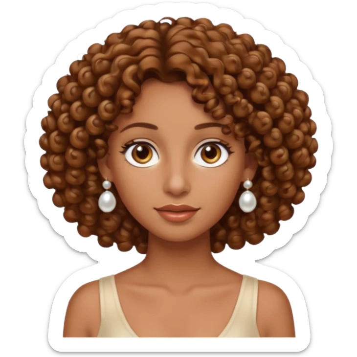 curly hair, tanned skin with tanned lines, light brown eyes, pearls earrings  sticker