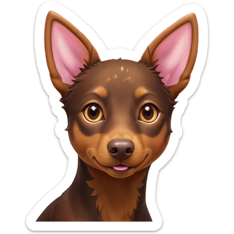 Cinematic Cute Brown and Tan Kelpie Portrait Emoji, Head tilted playfully and inquisitively, featuring a glossy brown Fur with vibrant tan accents, round, sparkling warm eyes filled with curiosity, Simplified yet irresistibly adorable features, highly detailed, glowing with a warm, friendly glow, high shine, affectionate and spirited, stylized with a touch of whimsy, bright and endearing, soft glowing outline, capturing the essence of a mischievous yet loving herder, so playful it feels like it could leap out of the screen and into your arms! sticker