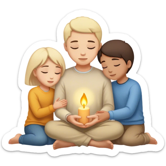 A silhouette of a person sitting with their head down, surrounded by two souls—one offering a hand and another radiating warmth, symbolizing kindness. A soft light behind them represents hope, unseen but present. 🌅 sticker