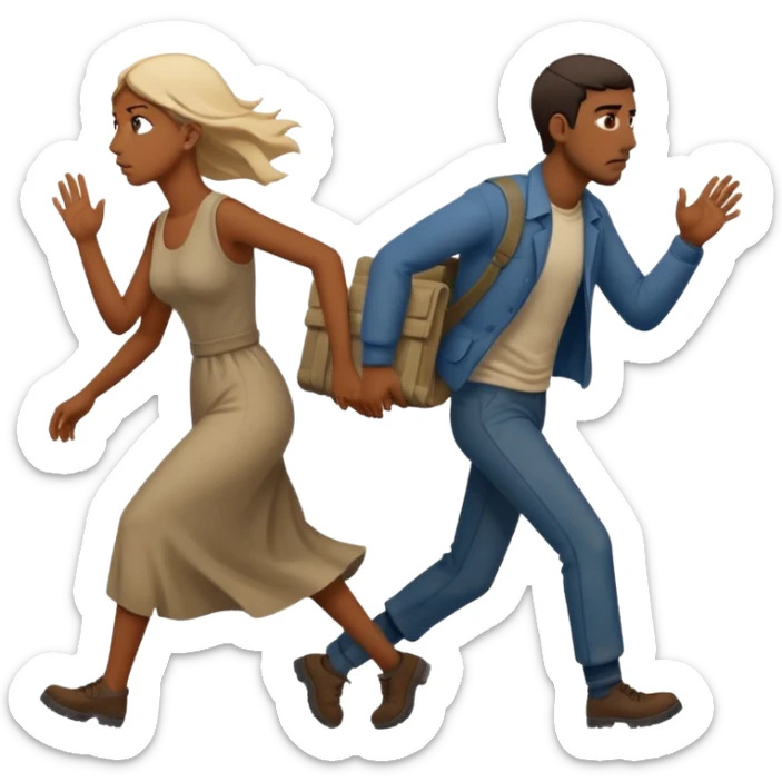 
Iranians fleeing war, full length, in profile, man and woman sticker