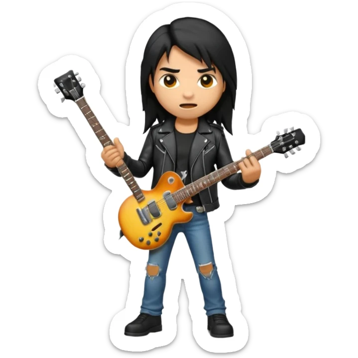 3D Apple-style emoji of a metal musician. Long hair, black leather jacket, ripped jeans, holding an electric guitar. Intense expression, glossy, rounded, smooth, soft shadows, white background.









 sticker