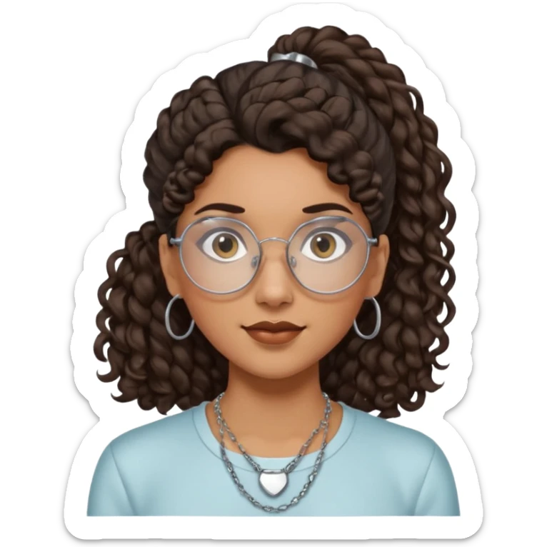 chica morena de ojos claros con gafas exagonales redondeadas. y pelo rizado castaño con todo el pelo recogido en una coleta . y un collar de plata sticker