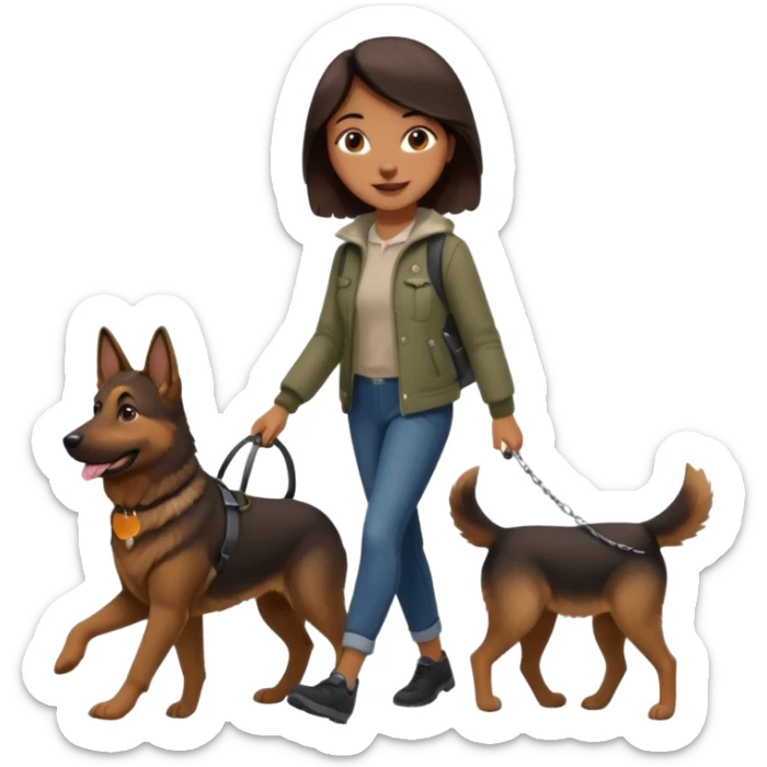 a girl with a brown dark hair, she's walking her dog is a german shepard sticker