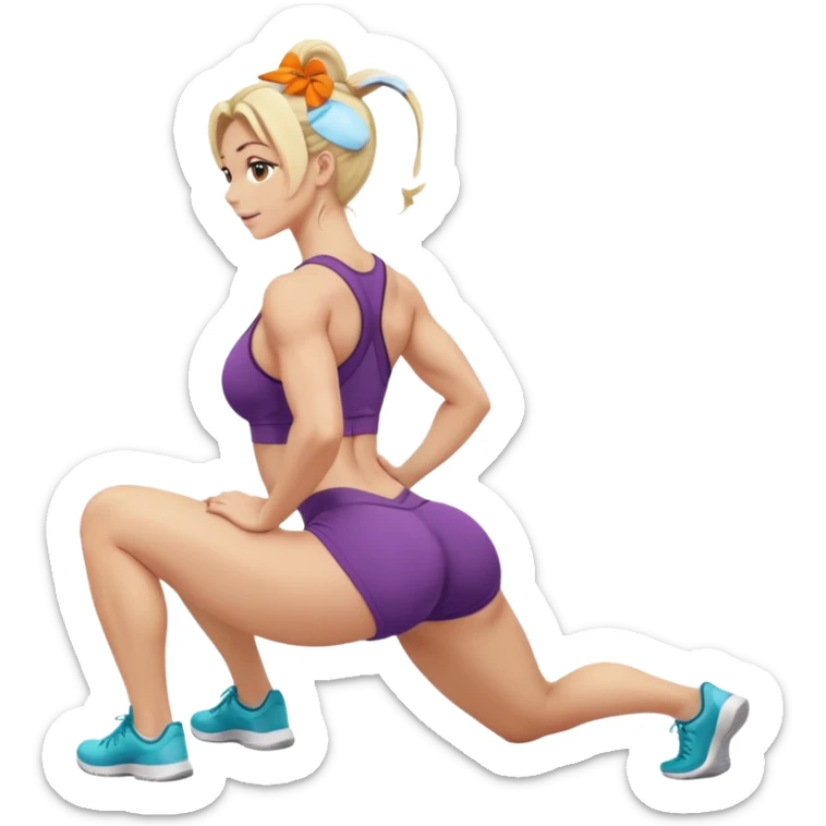 fullbody busty blonde fitness trainer, back view, bending over, sitting on her soles, SFW, athletic build, cheerful expression sticker