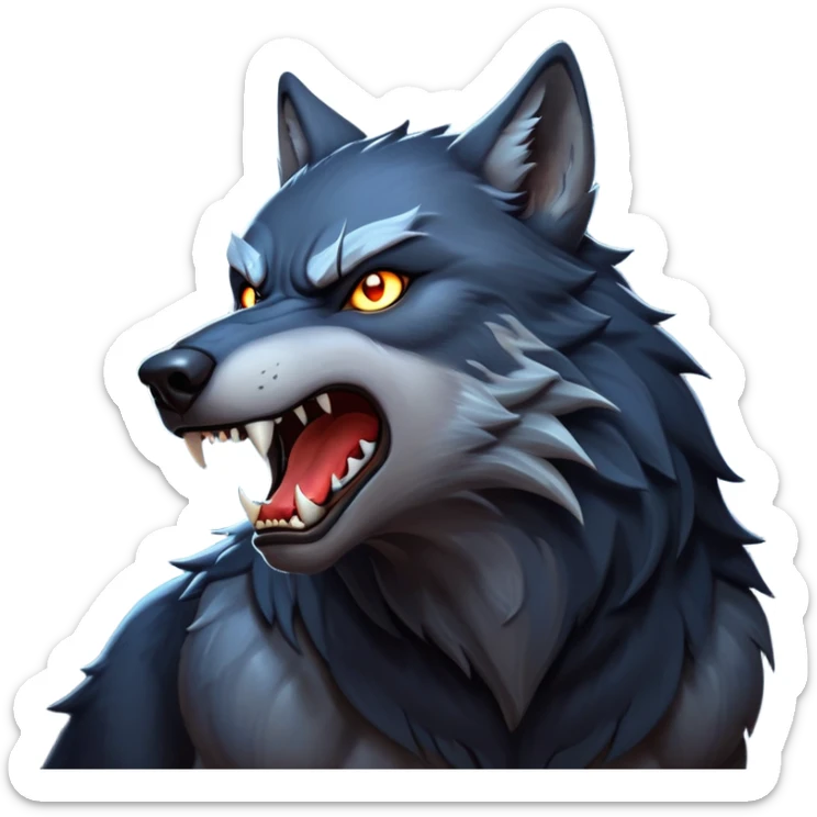 cinematic-noble-fierce-werewolf-howling-portrait-emoji, poised-and-imposing, with a fierce wolfish face tilted upwards in a haunting howl, glowing eyes full of primal ferocity, sharp, and a rugged snout, fur rippling in shades of midnight black and silver, muscles tensed as the powerful howl echoes beneath the moonlit sky; rendered with realism, capturing the raw, untamed power of the beast in its wild, primal state sticker