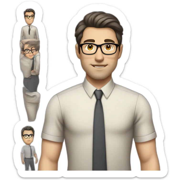 Full height Pale skinned Fit Man With dark brown hair in classic gray suit, beige office shirt, dark gray tie, and vintage glasses. His hands lock sticker