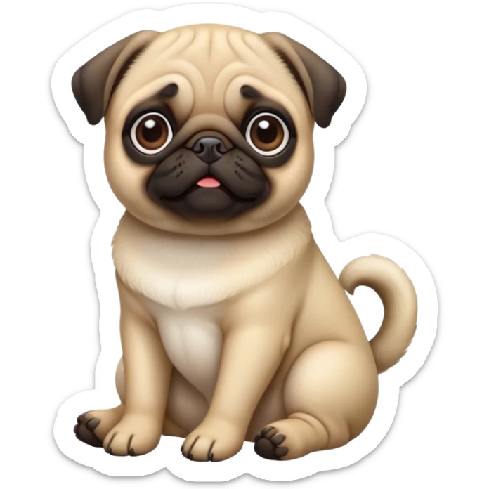 detailed-[cute pug]-realistic-full-body-sitting-emoji,-tail-resting-loosely-beside-its-paws,-head-tilted-dramatically, -sleek-fur,-simplified-yet-realistic-focused-features,-highly-detailed,-glowing-with-an-almost-sarcastic-glow sticker