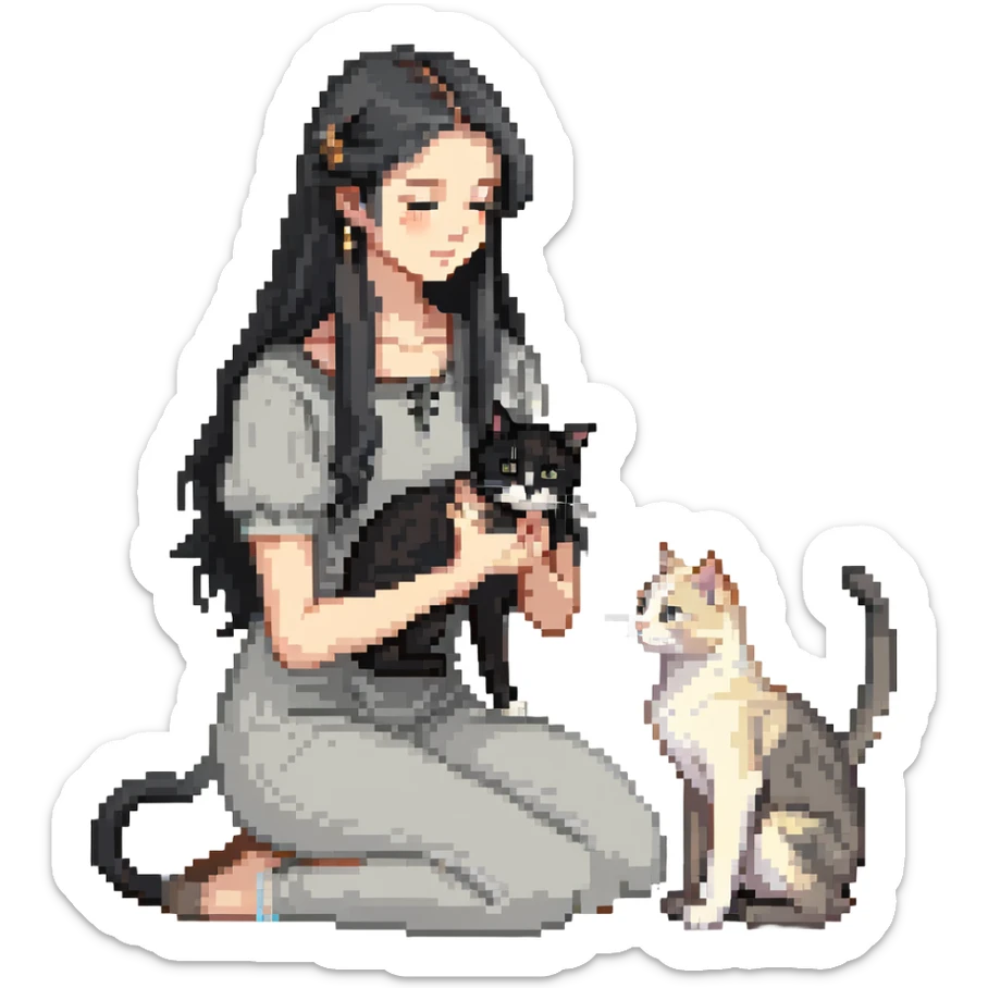 Beautiful girl with long black hair petting a gray and blonde mixed cat sticker