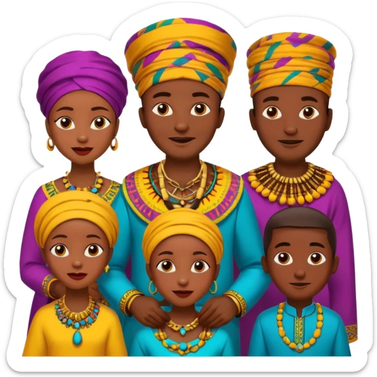 African parents in vibrant traditional African attires, expressive faces, emoji style sticker