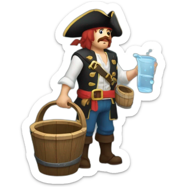 A pirate with an old wooden bucket filled with water in his hands. He is sending the water that is in this bucket away. sticker